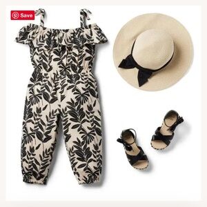 Janie and Jack Beige and Black Leaf-Print Girls Jumpsuit